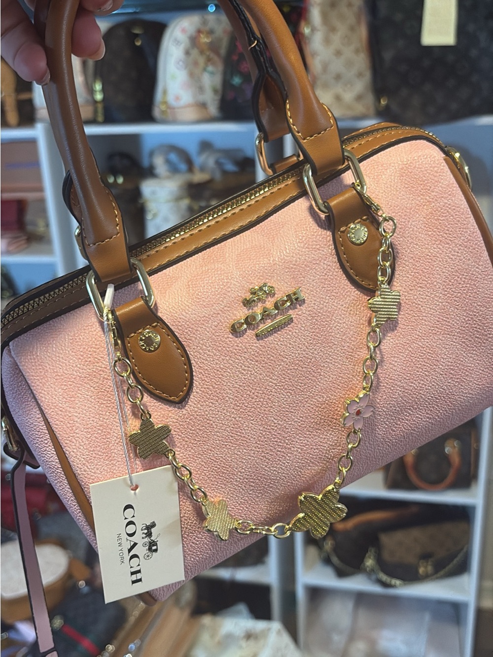 Coach Pink Leather Satchel with Tan Trim and Gold Chain Floral Charm - Picture 1 of 1
